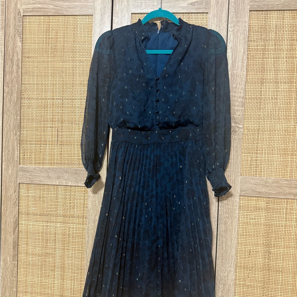 Ann Taylor Navy Long-Sleeve Pleated Midi Dress with Subtle Dot Detail